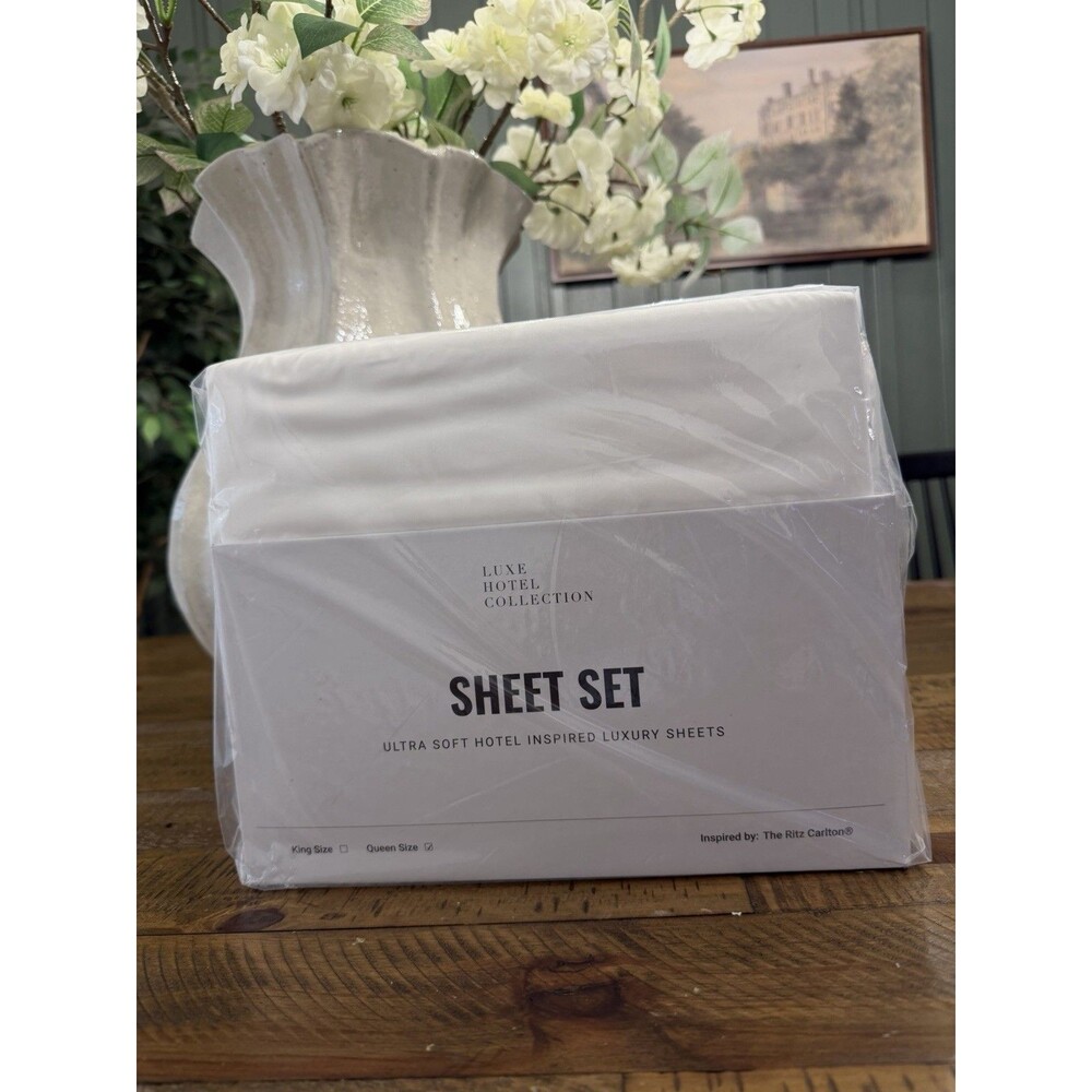 Luxe Hotel Collection Sateen Cotton Retreat Sheet Set Queen White NEW $289 MSRP